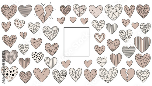 Collection of decorative heart shapes with various patterns and textures surrounding a central rectangular white frame for text.