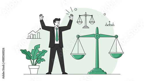 Businessman celebrating success with scales of justice and growth chart