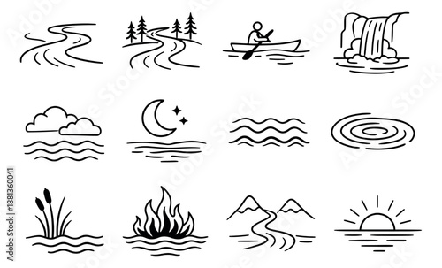 Hand drawn line art nature elements set featuring rivers, mountains, a waterfall, sun, moon, and a person boating for outdoor activities and travel