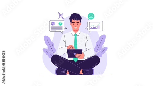 Businessman using tablet with charts and analytics, modern flat illustration style