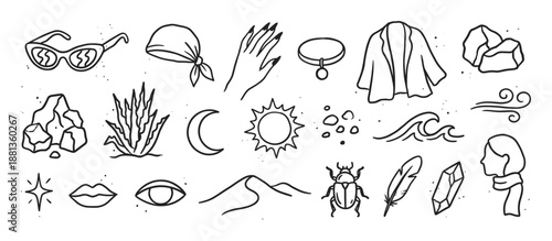 Diverse collection of hand-drawn black icons featuring mystical and bohemian symbols like the sun, moon, crystals, and nature elements in a minimalist line art style