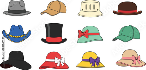 Hat collection illustration set, fashion headwear types, fedora cap bucket cowboy top hat bowler, flat vector design pack