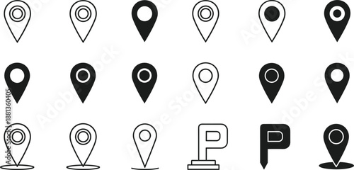 location pin icon set, map marker symbols, gps navigation pointer pack, black outline filled vector interface elements collection