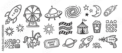 Set of hand-drawn doodle illustrations featuring space and circus elements like a rocket, ferris wheel, UFO, and popcorn in a whimsical black and white line art style