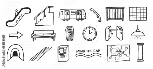 Set of hand-drawn subway station icons including a train, escalator, map, and turnstile in a minimalist black and white doodle style for public transport concepts