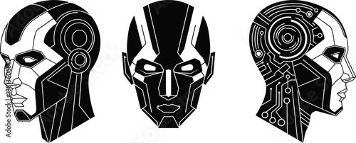 futuristic robot head illustration set, artificial intelligence android faces, cyber technology line art design, monochrome vector, isolated white background