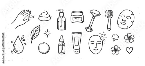 Collection of hand-drawn skincare routine icons including a face mask, cream, serum, and roller in a simple black and white doodle style for beauty and cosmetic concepts