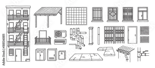 Hand-drawn urban architectural elements and building parts like a facade with a fire escape, windows, pipes, and an air conditioner in a black and white doodle illustration style