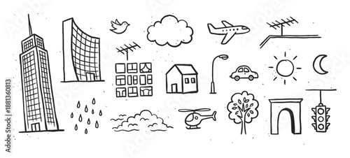 Collection of hand-drawn city life doodles featuring buildings, transport, and weather icons in a simple black and white sketchy style for various design concepts