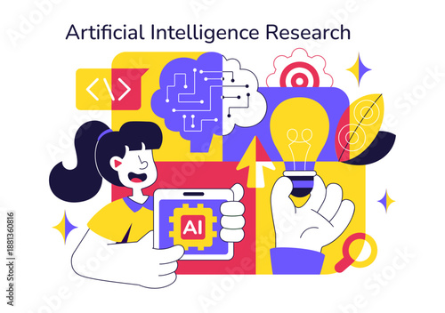 Artificial Intelligence Research Vector Illustration Featuring Data Analysis, Neural Network Technology, and Innovation in a Flat Style Background
