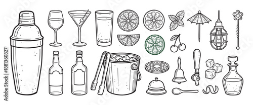 Hand-drawn bar and cocktail equipment illustrations set featuring a shaker, glasses, citrus fruit, and various bartender tools in a black and white doodle line art style