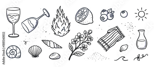 Collection of hand-drawn summer vacation doodles including wine, fruit, seashells, and flowers in a minimalist black and white line art style for a relaxed holiday theme