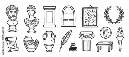 Set of hand-drawn ancient Greek icons featuring a philosopher bust, ionic column, amphora, laurel wreath, and scroll in a black and white line art illustration collection
