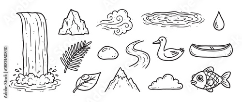 Collection of hand-drawn nature doodles featuring a waterfall, mountain, canoe, fish, duck, and other outdoor elements in a simple black and white line art illustration style