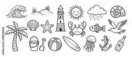Set of hand-drawn beach and summer icons in a black and white doodle style, featuring a lighthouse, palm tree, crab, seashell, surfboard, and other nautical elements