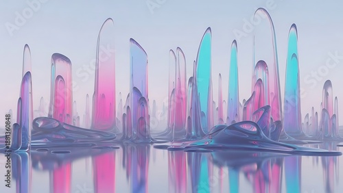 Futuristic Crystal Towers Emerging from Reflective Surface in Surreal Pastel Landscape