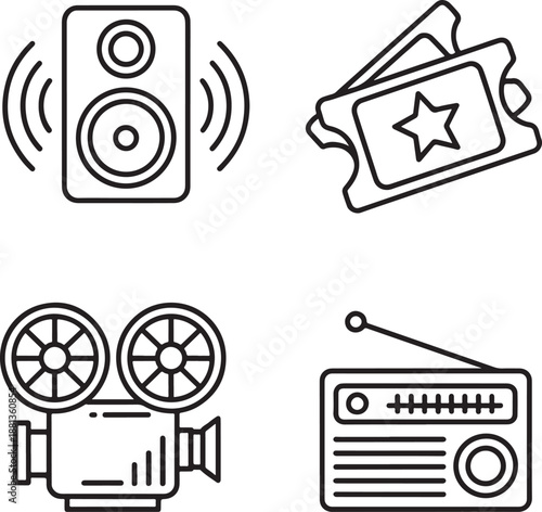 Four outline icons for audio and visual media including speaker, tickets, film camera, and radio Keywords: speaker, sound, audio, music, concert