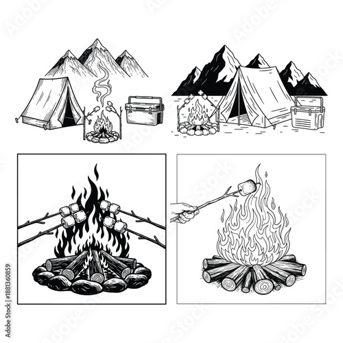 Hand-drawn camping and marshmallow roasting illustrations
