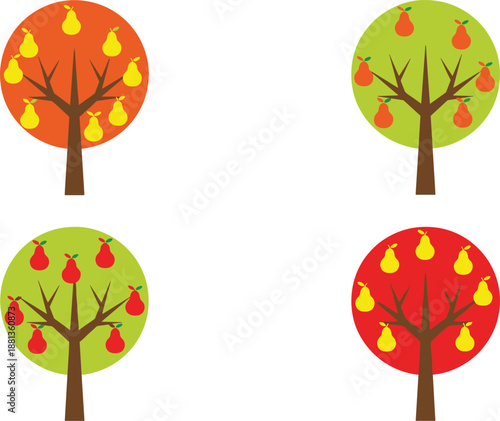 pear tree illustration set, colorful fruit orchard design, seasonal harvest trees, flat style nature icons, isolated white background