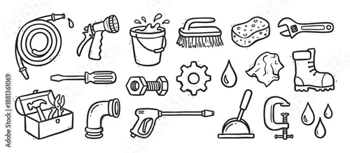 Collection of hand-drawn plumbing and cleaning tools in a black and white doodle style, featuring a hose, bucket, wrench, plunger, and other maintenance equipment icons