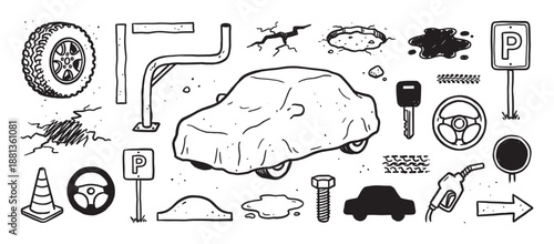 Hand-drawn black and white car themed doodles featuring a covered vehicle, parking sign, tire, and key in a sketchy illustration set for automotive and transportation concepts