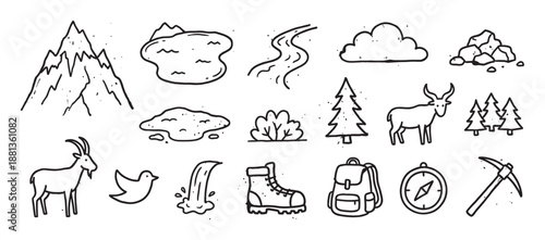 Hand-drawn black and white doodle icon collection for outdoor adventure and hiking themes, featuring a mountain, forest, deer, goat, backpack, compass, boot, and waterfall