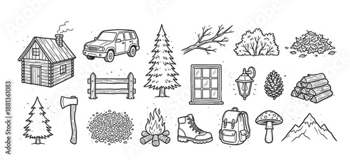 Set of hand-drawn camping and hiking illustrations featuring a log cabin, car, campfire, backpack, and forest elements in a monochrome doodle style for outdoor adventure themes