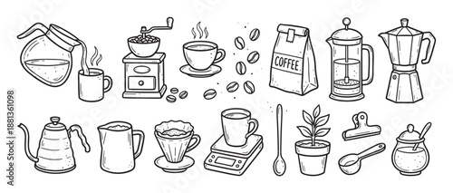 Hand-drawn coffee making equipment illustration set with various barista tools like a grinder, moka pot, french press, kettle, and cup in a black and white doodle style