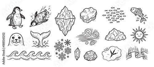 Hand drawn doodle illustration set of arctic and antarctic elements with a penguin, seal, iceberg, fish, whale tail, and snowflakes in a vintage black and white sketch style