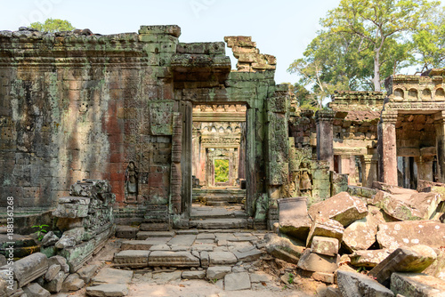 Konstfotografi Ancient stone passageways and weathered doorways of Preah Khan temple in Cambodia's Angkor region are illuminated by soft daylight