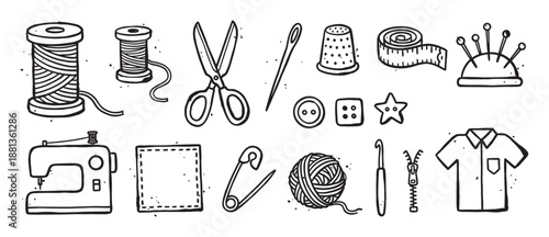 Hand drawn sewing and tailoring equipment icons set in a simple black and white doodle style, featuring a sewing machine, thread spools, scissors, and other needlework supplies