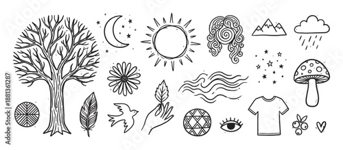 Collection of hand-drawn black line doodles featuring nature, celestial, and esoteric symbols in a minimalist, bohemian illustration style for various design projects