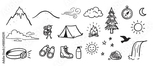 Hand-drawn camping and hiking doodle icon set featuring a mountain, tent, campfire, and other nature elements in a simple black and white sketch style