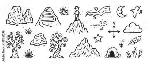 Set of hand-drawn doodle icons featuring nature and adventure elements like mountains, trees, a hiker, and a compass, rendered in a simple black and white line art style