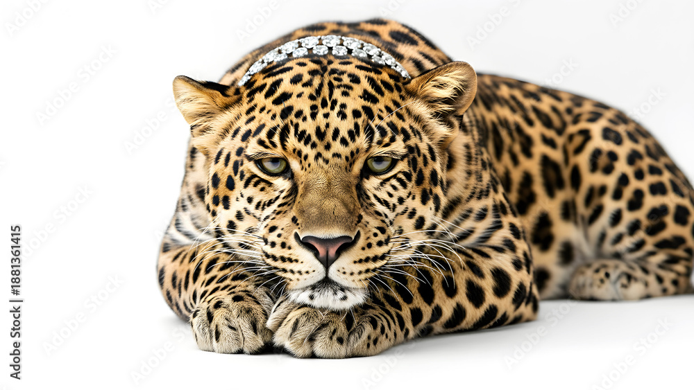 Obraz premium A glamorous leopard naps in royal calm, draped in a diamond necklace, blending wild beauty with luxe fashion vibes, soft light, and queen energy in a dreamy, elegant scene