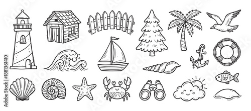 Collection of hand-drawn nautical doodle icons featuring a lighthouse, sailboat, crab, anchor, and other sea-themed elements in a charming black and white sketch illustration style