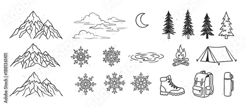 Collection of hand-drawn winter camping icons featuring mountains, a tent, campfire, snowflakes, and hiking gear in a rustic black and white line art doodle style