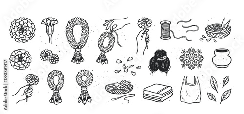 Set of hand-drawn doodle icons representing Thai cultural elements like phuang malai flower garlands, marigolds, offerings, and symbolic objects in a minimalist black ink style