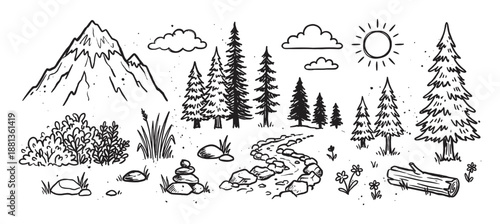 Hand-drawn collection of black line art outdoor elements including a mountain, pine forest, sun, clouds, and a rocky creek, all in a charming and rustic doodle illustration style
