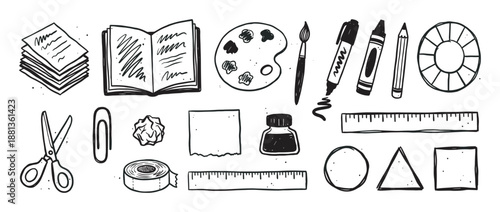 Hand-drawn school and art stationery icons in a monochrome doodle illustration style, showing a book, palette, ruler, scissors, pencil, and other creative office supplies