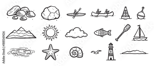 Set of hand-drawn black and white doodle icons for outdoor adventure and nature themes, featuring a lighthouse, canoe, mountain, sun, fish, shell, and other travel elements