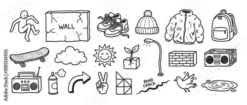 Set of hand-drawn urban street culture icons featuring a skateboard, boombox, graffiti spray can, and other city life elements in a simple black and white doodle style