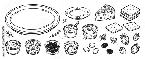 Hand-drawn black and white food illustrations set with cheese, crackers, olives, dips, and strawberries for an appetizer platter, drawn in a vintage sketch doodle style