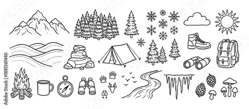 Hand-drawn set of camping and hiking icons featuring mountains, a tent, a campfire, and outdoor adventure elements in a black and white doodle style for nature exploration themes