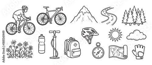 Hand-drawn set of cycling and outdoor adventure icons including a cyclist, bicycle, mountain, road, and travel equipment in a black and white doodle style illustration