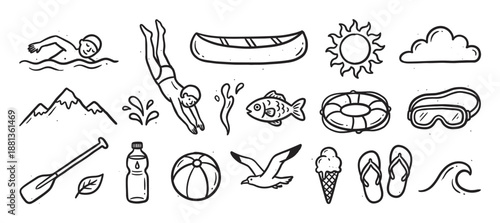Hand-drawn summer vacation and outdoor activity icons featuring a swimmer, diver, canoe, sun, mountains, and beach elements in a black and white doodle sketch illustration style