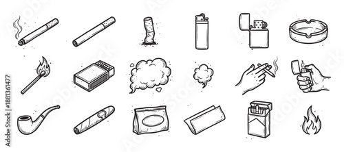 Hand-drawn set of smoking accessory icons in a vintage doodle style, featuring a cigarette, lighter, match, pipe, cigar, ashtray, and other tobacco-related line art elements