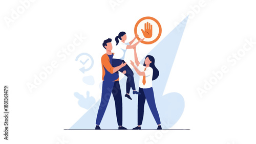 Teamwork success reaching goal, people lifting woman up to orange stop sign