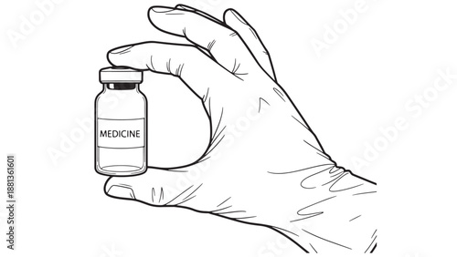 Hand holding medicine bottle icon symbolizing prescription drug packaging, pharmaceutical branding and retail healthcare supply chain vector illustration