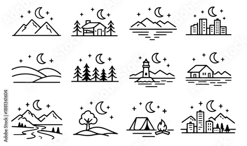 Minimalist line art night scene icon set featuring diverse outdoor and urban landscapes for travel and adventure concepts